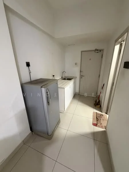 Kitchen features: white painted walls, tile flooring, single-bowl stainless-steel sink, chrome pull-down faucet, white cabinetry, freestanding fridge, door to hallway, light fixture on ceiling; style: modern.