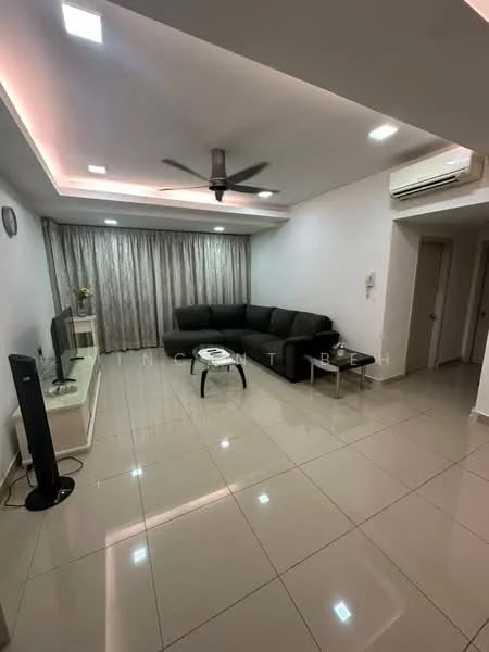 Living features: L-shape sectional sofa in grey, coffee table, wall-mounted TV, TV console, 5-blade ceiling fan with light, recessed LED downlights, cream painted walls, glossy tile flooring, floor-to-ceiling curtains, air conditioning unit, decorative wall clock; style: modern.