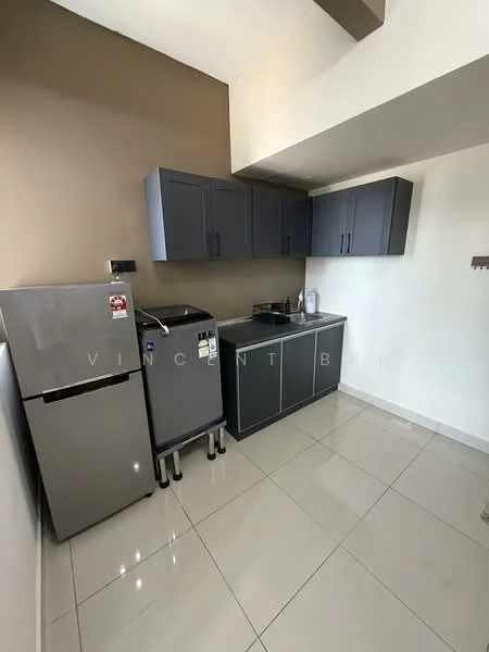 Kitchen features: grey cabinetry, stainless-steel fridge, black countertop, built-in stove, sink, white tiled backsplash, ceramic tile flooring, wall-mounted shelf, recessed lighting; style: modern.