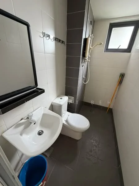 Bathroom features: white tiled walls, grey tiled flooring, single-sink vanity with chrome faucet, one-piece toilet, framed mirror, shower with handheld shower head, wall-mounted shower control, window for natural light, towel rack, cleaning supplies bucket; style: modern.