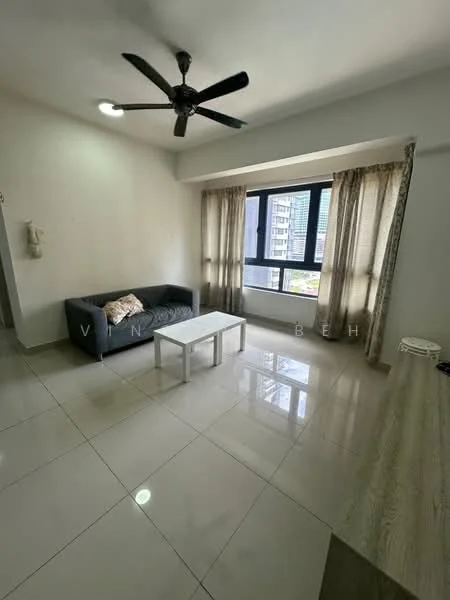 Living features: 3-seater fabric sofa in grey, white coffee table, floor-to-ceiling windows, sheer curtains, light-colored walls, glossy tile flooring, ceiling fan with light, decorative wall panel, natural light from windows; style: modern; view: city.