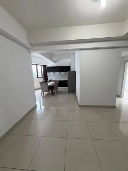 Living features: white painted walls, polished ceramic tile flooring, recessed downlights, large windows, open layout, dining area with table and chairs, kitchen with dark cabinetry, grey backsplash, neutral color scheme; style: modern.