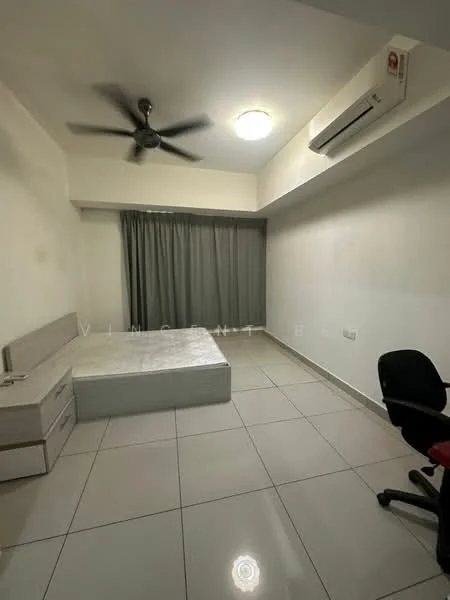 Bedroom features: white painted walls, grey curtains, ceiling fan, recessed ceiling light, tile flooring, queen-size bed, bedside table with drawers, air conditioning unit, black office chair; style: modern.