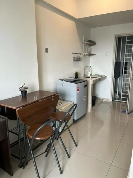 Kitchen features: white painted walls, glossy tile flooring, single-bowl stainless-steel sink, chrome pull-down faucet, countertop with storage underneath, refrigerator, open shelving, small dining table, two folding chairs; style: modern.