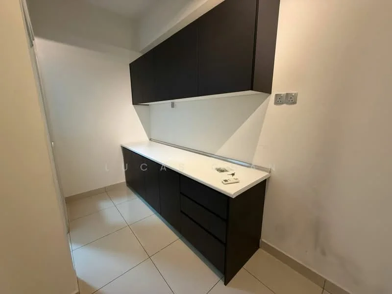 Room features: black cabinetry, white countertop, wall-mounted cabinets, base cabinets with drawers, ceramic tile flooring, neutral wall color, single electrical outlet, minimalist design; style: modern.
