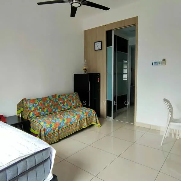 Room features: tiled flooring, white painted walls, ceiling fan, sofa with colorful throw, black cabinet, wall clock, glass door, chair; style: modern.