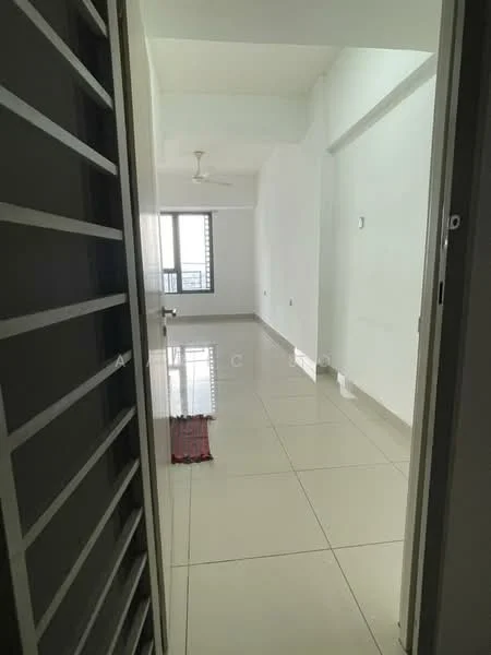 Room features: white painted walls, glossy ceramic tile flooring, ceiling fan, large window with view, doorway, neutral color scheme, open layout, natural light; style: modern; view: city.