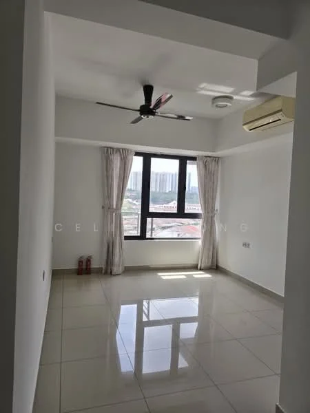 Room features: white painted walls, glossy ceramic tile flooring, 5-blade ceiling fan with light, floor-to-ceiling windows, sheer curtains, wall-mounted split AC, natural light from window, city view; style: modern; view: city.