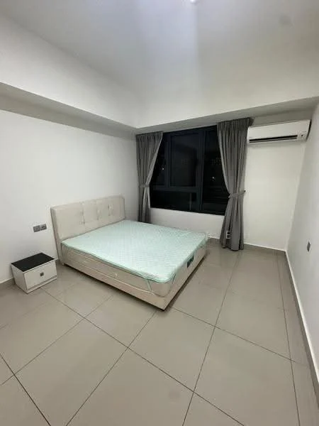 Bedroom features: queen-size bed with upholstered headboard, light grey bed frame, white painted walls, large window with city view, floor-to-ceiling curtains, wall-mounted split AC, tile flooring, nightstand with drawer; style: modern; view: city.