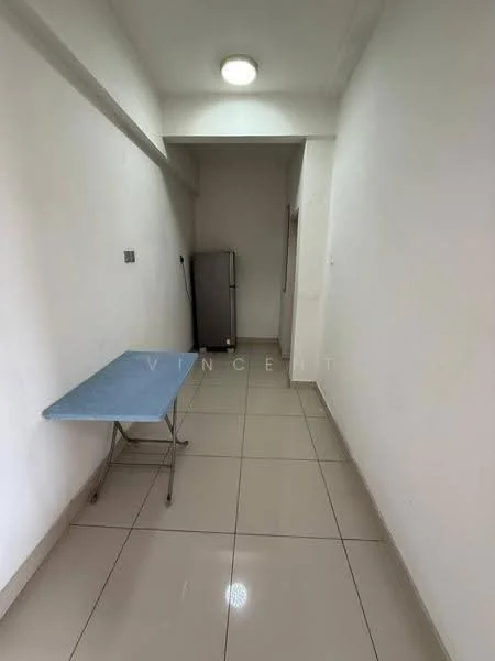 Room features: white painted walls, glossy ceramic tile flooring, ceiling light fixture, refrigerator, foldable table; style: modern.