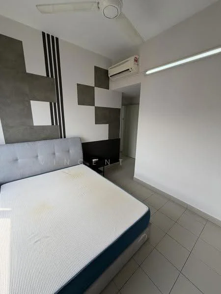 Bedroom features: queen-size bed, grey upholstered bed frame, white mattress, ceiling fan, wall-mounted air conditioning unit, light grey painted walls, accent wall with grey paneling, tile flooring, nightstand, window with natural light; style: modern.