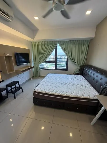 Bedroom features: king-size bed, upholstered headboard, floor-to-ceiling windows, green curtains, wall-mounted TV, floating shelf, ceiling fan, white painted walls, tile flooring; style: modern; view: city.