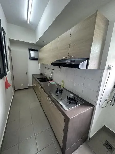 Kitchen features: light wood cabinetry, stainless-steel countertop, double-bowl stainless-steel sink, chrome pull-down faucet, 2-burner gas hob, built-in range hood, white tiled backsplash, grey ceramic tile flooring, fluorescent ceiling lights, window with black frame, wall-mounted storage, kitchen wall with white tiles; style: modern.