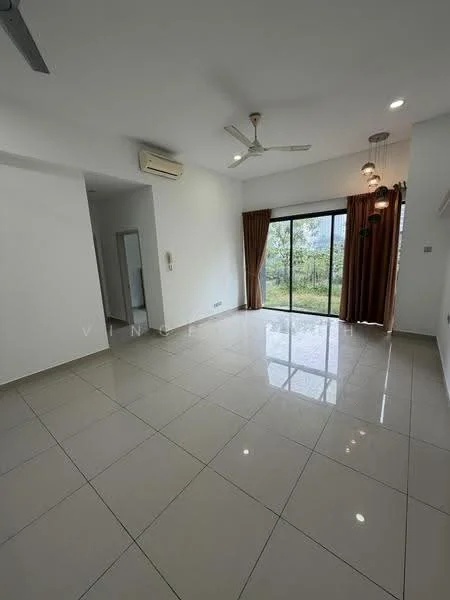 Living features: white painted walls, glossy ceramic tile flooring, 5-blade ceiling fan with light, recessed downlights, sliding glass door, floor-to-ceiling windows, curtains in brown, air conditioning unit, decorative pendant light; style: modern; view: garden.