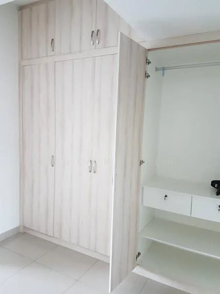 Room features: built-in wardrobe with sliding doors, light wood finish, multiple compartments, shelves inside wardrobe, neutral wall colour, tile flooring, minimalist design; style: modern.