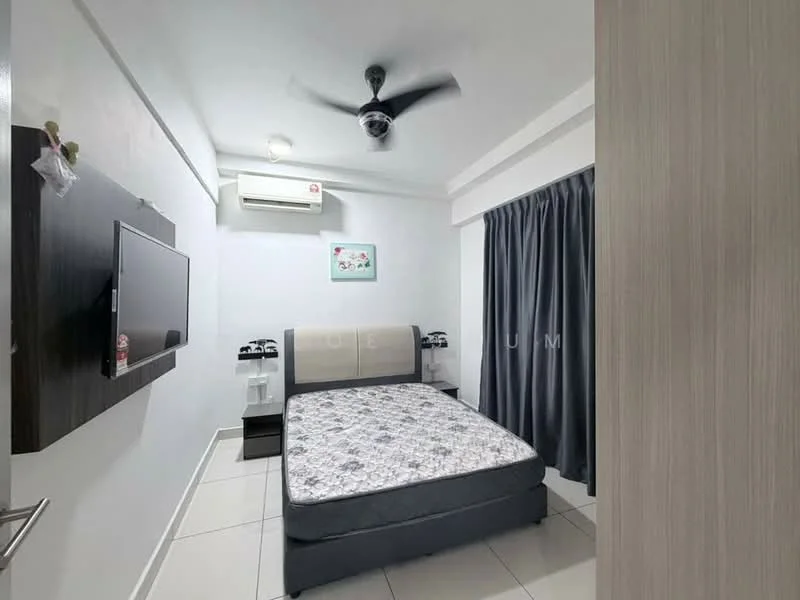Bedroom features: queen-size bed, upholstered headboard, 2 bedside tables, wall-mounted TV, 5-blade ceiling fan, 1 wall-mounted split AC, grey curtains, white painted walls, tile flooring, decorative artwork on wall; style: modern.