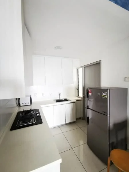 Kitchen features: white cabinetry, black countertop, stainless-steel sink, chrome faucet, built-in gas hob, stainless-steel fridge, white tiled backsplash, ceramic tile flooring, window for natural light, under-cabinet lighting; style: modern.