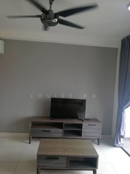 Living features: grey painted walls, white ceiling, 5-blade ceiling fan with light, flat-screen TV on console, wooden TV console, coffee table, floor-to-ceiling windows, curtains; style: modern.