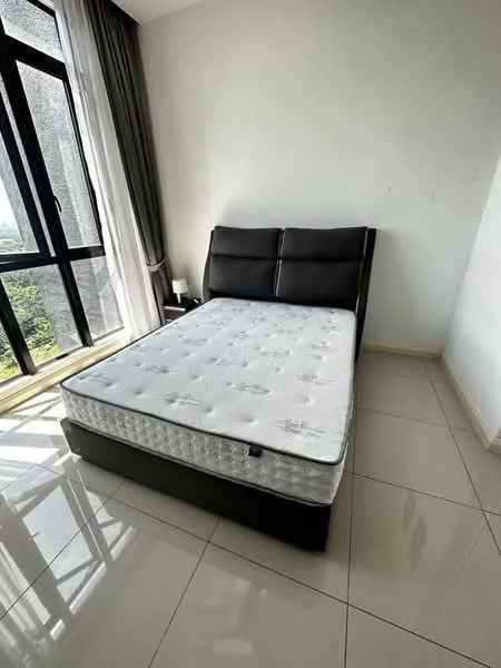 Bedroom features: queen-size bed, upholstered headboard, white mattress, floor-to-ceiling windows, sheer curtains, grey accent wall, tile flooring, nightstand, lamp; style: modern; view: city.