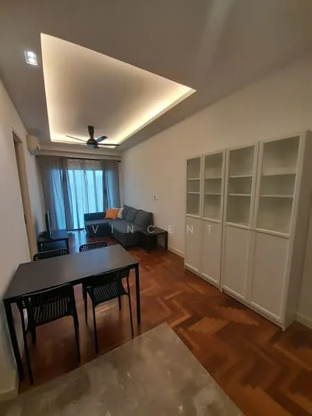 Living features: sofa in dark grey, coffee table, dining table with 4 black chairs, built-in shelving unit with glass doors, wooden flooring, recessed ceiling with LED lighting, floor-to-ceiling windows with sheer curtains, ceiling fan; style: modern.