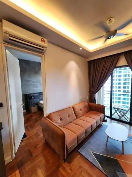 Living features: 3-seater fabric sofa in brown, wooden coffee table, ceiling fan, recessed downlights, floor-to-ceiling windows, curtains, wooden flooring, decorative area rug; style: modern; view: city. Room features: white painted walls, door leading to another room.