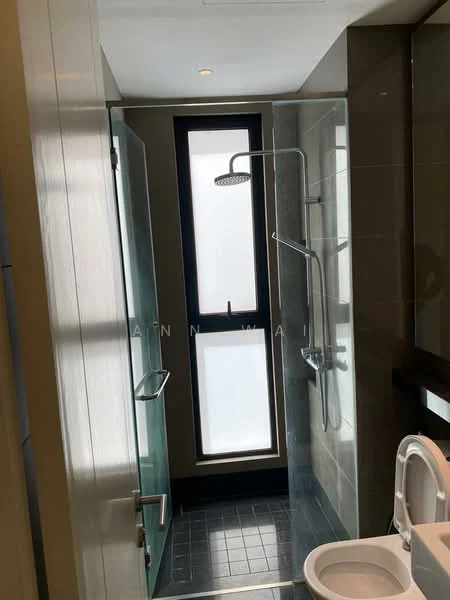 Bathroom features: walk-in shower with glass enclosure, rain shower head, handheld shower, toilet, single-sink vanity, grey tiled walls, black tiled flooring, large window for natural light, modern faucet, mirror above vanity; style: modern.