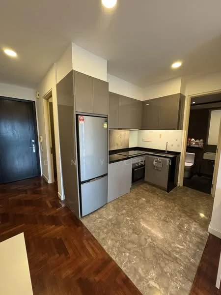 Kitchen features: grey cabinetry, black countertop, stainless-steel fridge, built-in oven, 4-burner gas hob, single-bowl stainless-steel sink, chrome pull-down faucet, marble tile flooring, recessed downlights, wall-mounted cabinets, open shelving, tile backsplash; style: modern.