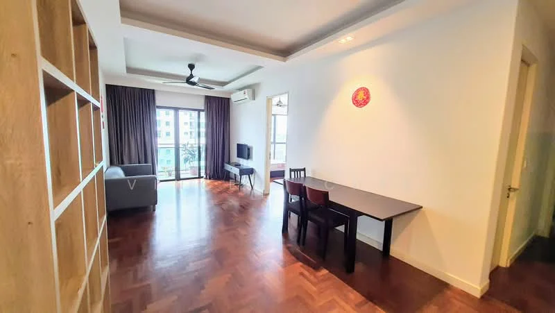 Living features: parquet wood flooring, white painted walls, tray ceiling, 5-blade ceiling fan with light, floor-to-ceiling windows, curtains, sofa in grey, TV console, wall-mounted TV, dining table for 2, dining chairs, decorative wall art; style: modern; view: city.
