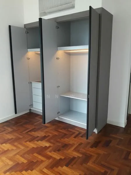 Room features: built-in wardrobe with sliding doors, grey cabinetry, interior lighting, wooden flooring with herringbone pattern, open shelving, drawer storage; style: modern.