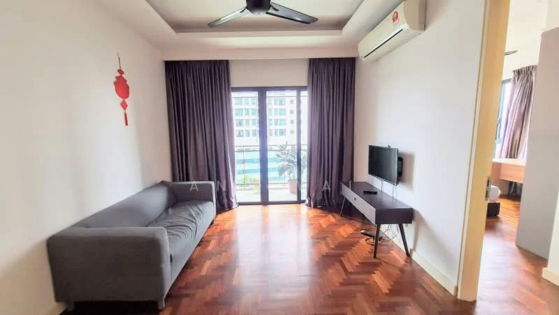 Living features: grey fabric sofa, wooden flooring, 5-blade ceiling fan with light, wall-mounted TV, TV console, floor-to-ceiling windows, sliding glass door, curtains, decorative wall art; style: modern; view: pool.