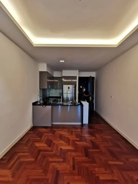 Kitchen features: black granite countertop, stainless-steel fridge, built-in oven, ceramic cooktop, wooden cabinetry, pendant lighting, recessed ceiling lights, parquet wood flooring, open layout to living area; style: modern.