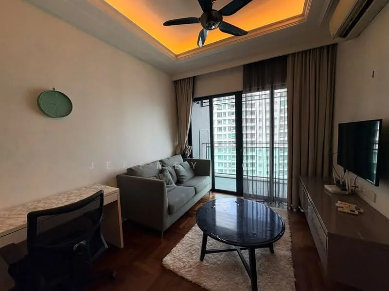 Living features: grey fabric sofa, round black coffee table, wall-mounted TV, TV console, wooden flooring, floor-to-ceiling windows, sheer curtains, recessed ceiling with LED lighting, ceiling fan with light, decorative wall clock, study desk with chair; style: modern; view: city.