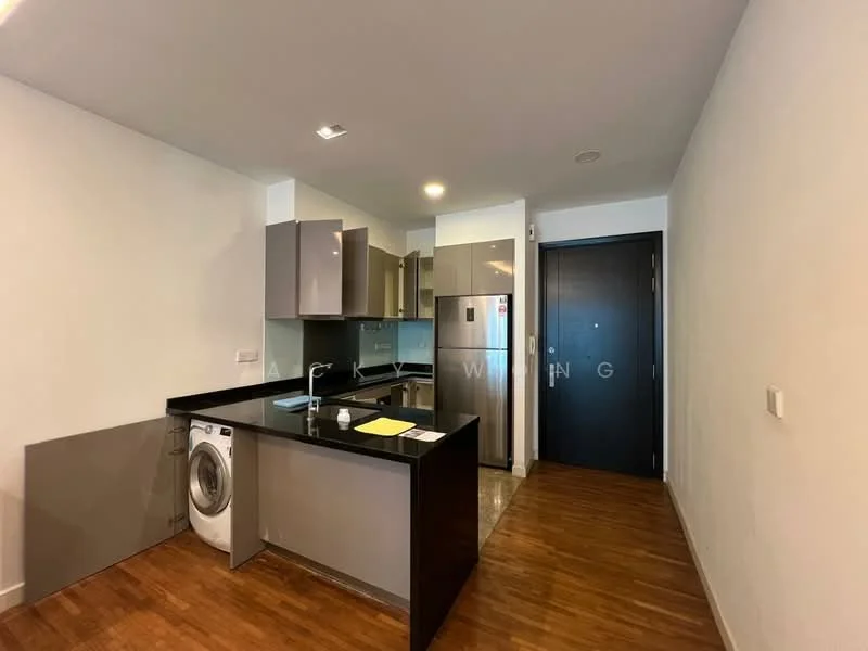 Kitchen features: black granite countertop, grey flat-panel cabinets, stainless-steel fridge, built-in oven, 4-burner gas hob, single-bowl stainless-steel sink, chrome pull-down faucet, washing machine, tile backsplash, recessed downlights, wooden flooring; style: modern.