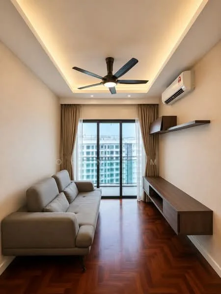 Living features: 3-seater fabric sofa in grey, wooden TV console, ceiling fan with 5 blades, wall-mounted air conditioning unit, floor-to-ceiling sliding glass door, curtains, recessed LED downlights, parquet wood flooring, neutral painted walls; style: modern; view: city.