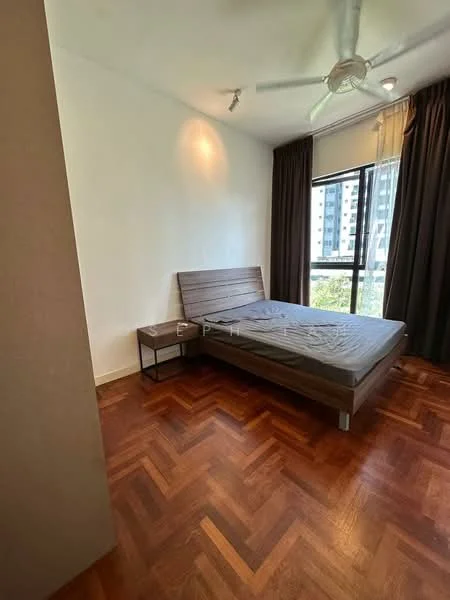 Bedroom features: parquet wood flooring, white painted walls, ceiling fan, large window with city view, bed with wooden headboard, nightstand, curtains, spotlights; style: modern; view: city.