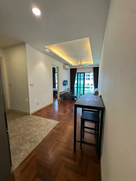 Living features: parquet wood flooring, white painted walls, tray ceiling with recessed lighting, floor-to-ceiling windows, blackout curtains, TV console, wall-mounted TV, small dining table with two stools, air conditioning unit; style: modern; view: garden. Room features: cream tiled flooring, white painted walls.