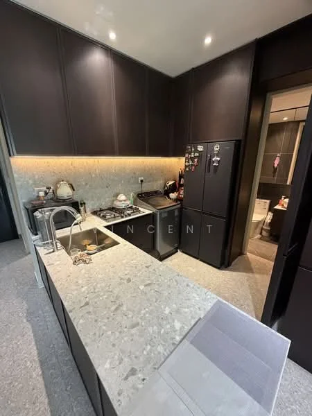 Kitchen features: black cabinetry, grey speckled countertop, stainless-steel sink, chrome pull-down faucet, built-in gas hob, stainless-steel range hood, stainless-steel fridge, microwave, under-cabinet lighting, tile backsplash, open shelving, wall-mounted cabinets, grey flooring, recessed downlights; style: modern.