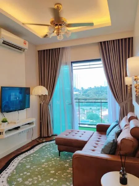 Living features: 5-blade ceiling fan with light, wall-mounted TV, brown leather sofa, coffee table, area rug with floral pattern, curtains, floor-to-ceiling windows, balcony view, decorative wall sconce, light fixture with multiple bulbs, green accent wall; style: modern; view: city.