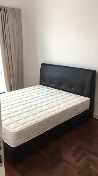 Bedroom features: king-size bed, upholstered headboard in black, parquet wood flooring, white painted walls, floor-to-ceiling window, sheer curtains; style: modern.