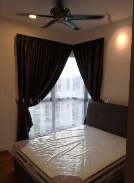 Bedroom features: queen-size bed, upholstered headboard, floor-to-ceiling windows, grey curtains, wooden flooring, 5-blade ceiling fan, decorative wall, natural light; style: modern; view: city.