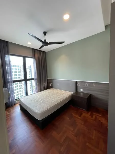 Bedroom features: queen-size bed, wooden flooring, green painted walls, grey accent wall, floor-to-ceiling windows, sheer curtains, 5-blade ceiling fan, nightstand, decorative wall paneling; style: modern; view: city.