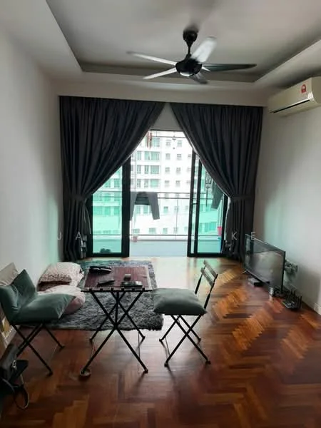 Living features: dark wood herringbone flooring, white painted walls, tray ceiling, 5-blade ceiling fan with light, floor-to-ceiling windows, sliding glass door, blackout curtains, TV console, small coffee table, folding chairs, area rug; style: modern; view: city.