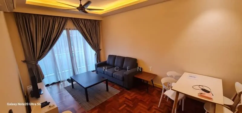 Living features: 3-seater fabric sofa in grey, coffee table, area rug, floor-to-ceiling windows, curtains, ceiling fan with light, wooden flooring, wall-mounted AC unit, decorative wall lighting; style: modern. Dining features: 4-seater dining table, white dining chairs, tabletop with a smooth finish; style: modern.