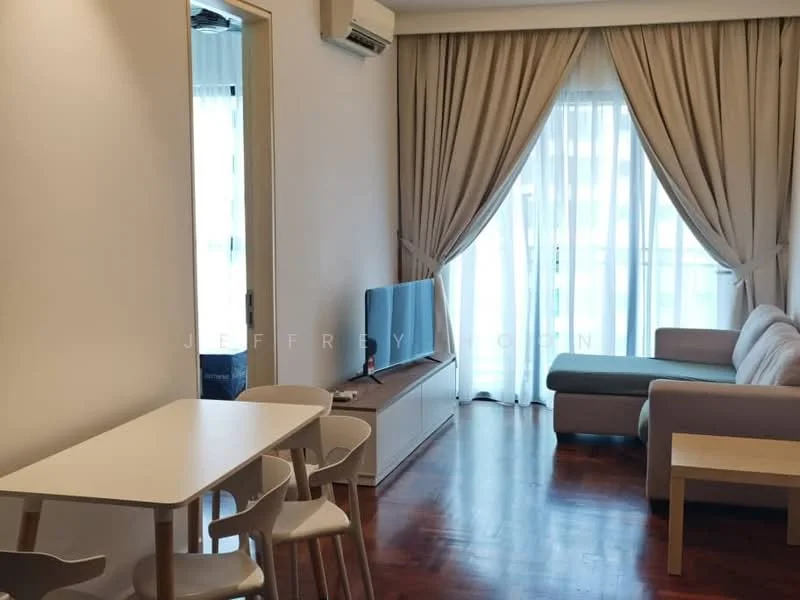 Living features: light wood flooring, white painted walls, floor-to-ceiling windows with sheer curtains, L-shape sectional sofa in light grey, wall-mounted TV, TV console in white, dining table for four in white, four white dining chairs, air conditioning unit on wall, decorative mirror, curtains in beige, area rug; style: modern; view: city.
