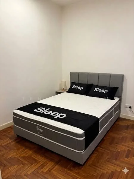 Bedroom features: queen-size bed with grey upholstered headboard, black and white bedding, two bedside lamps, wooden parquet flooring, white painted walls, decorative pillows with 'Sleep' text, power outlet on wall; style: modern.
