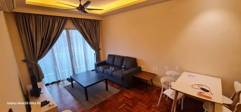 Living features: grey fabric sofa, coffee table, area rug, floor-to-ceiling windows, curtains, ceiling fan with light, wooden flooring, wall-mounted air conditioning unit, lighted ceiling with recessed lighting; style: modern.