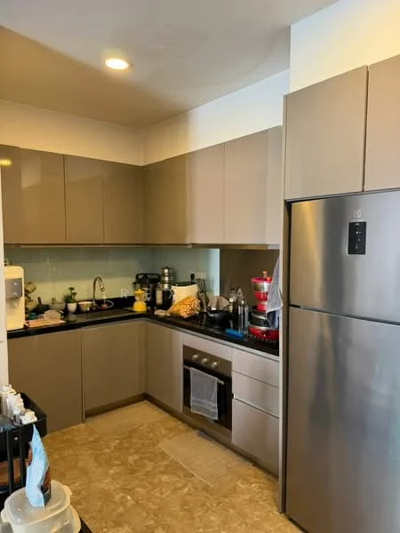 Kitchen features: grey flat-panel cabinets, black countertop, stainless-steel fridge, built-in oven, 4-burner gas hob, stainless-steel range hood, single-bowl stainless-steel sink, chrome pull-down faucet, tile backsplash, marble tile flooring, recessed downlights, kitchen appliances including blender and kettle; style: modern.