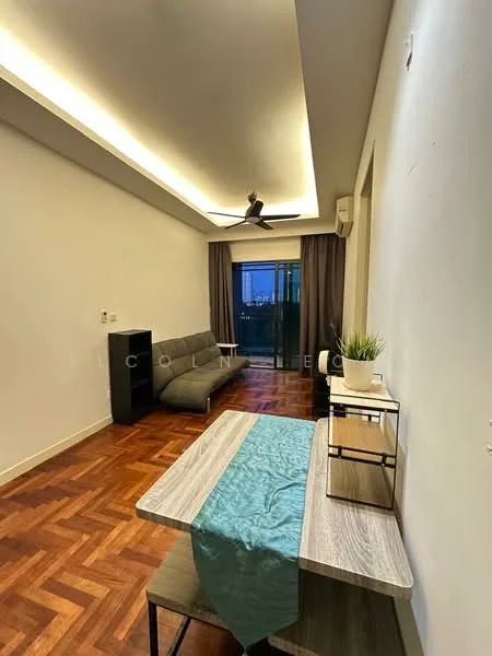 Living features: parquet wood flooring, white painted walls, tray ceiling with recessed lighting, 5-blade ceiling fan, sliding glass door, floor-to-ceiling curtains, sofa in grey fabric, dining table with light wood finish, decorative plant in ceramic pot, wall-mounted air conditioning unit; style: modern; view: city.