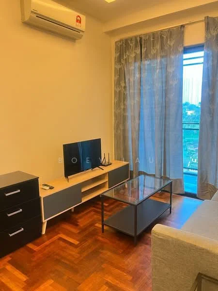 Living features: sofa in light grey fabric, coffee table with glass top, TV console in light wood and dark drawers, wall-mounted TV, floor-to-ceiling window, sheer curtains, wooden parquet flooring, 1 wall-mounted split AC; style: modern; view: city.