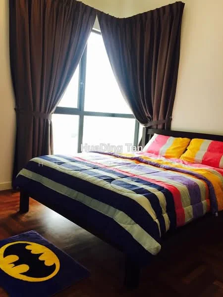 Bedroom features: queen-size bed with striped bedding, brown curtains, floor-to-ceiling window, wooden flooring, Batman-themed area rug, decorative pillows, wall with light color, bedside table; style: modern; view: city.